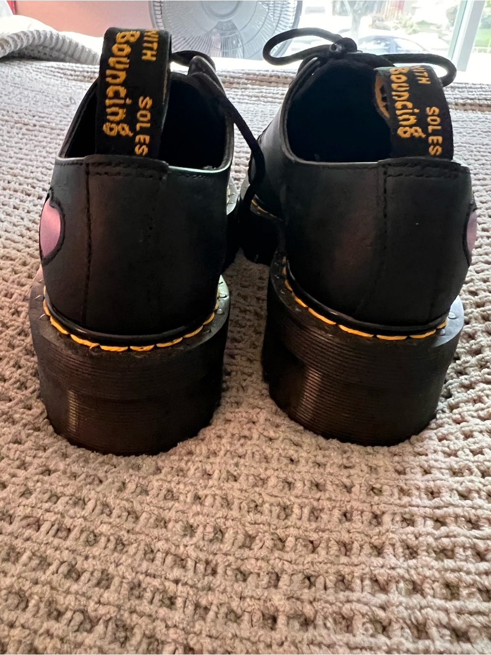 Dr. Martens Black Leather Platform Oxfords with Pink and Orange Hearts - Picture 4 of 5